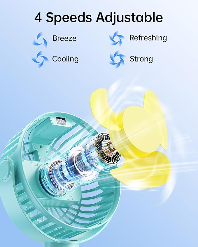SWEETFULL Portable Stroller Fan with Display 4000mAh Battery Powered Mini Clip On Fan, 4-Speed Rechargeable Small Personal Cooling for Baby Car Seat Crib Travel - Cyan-BubblyBeeBaby
