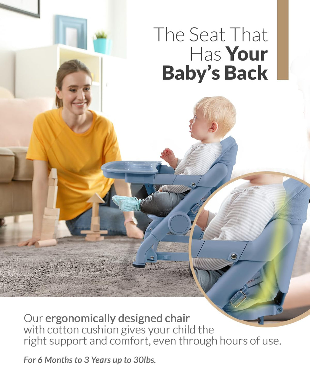 Feed Me 3-in-1 Travel High Chair Booster Seat for Infants and Toddlers - Transitional, Compact & Fits Any Chair, Swivel Tray, Airy Blue