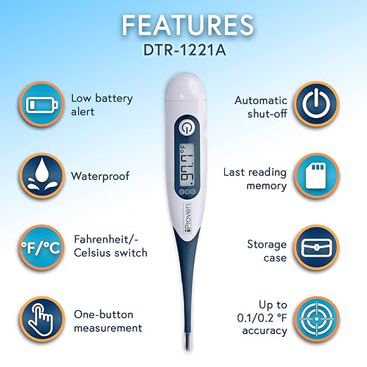 iProven Oral Thermometer, Measures in 10 seconds with flexible tip and fever alarm, Digital Medical Thermometer for adults, kids and toddlers - DTR-1221A-BubblyBeeBaby