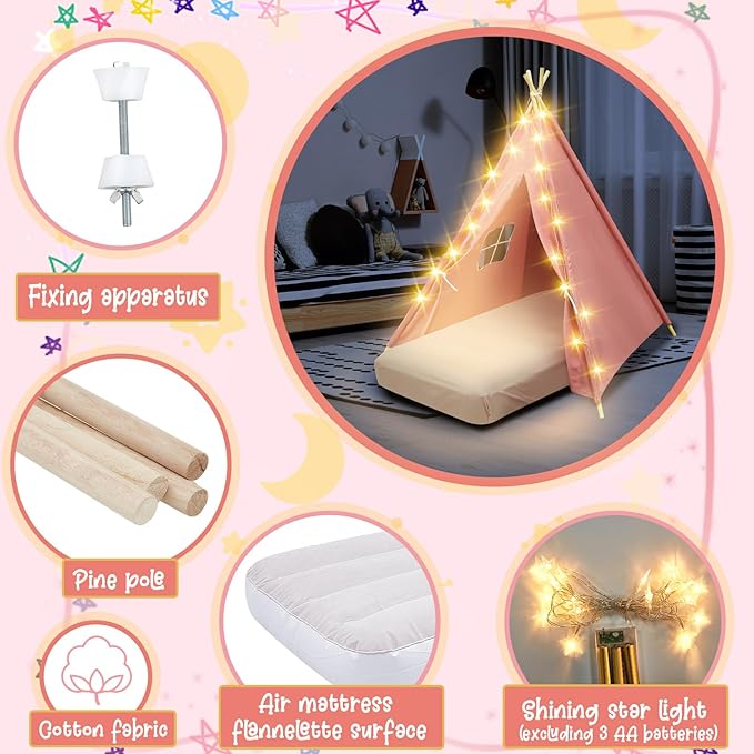 2 Pack Kids Teepee Tent with Mattress,Fitted Sheet,Light String,Washable Natural Cotton Toddler Play Tent for Girls Boys Indoor Outdoor Sleepover Slumber Birthday Party(Pink)-BubblyBeeBaby