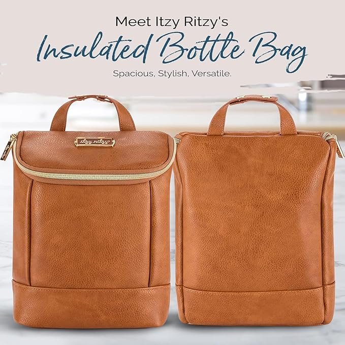 Itzy Ritzy Insulated Bottle Bag – Keeps Bottles Warm or Cool - Holds 3 Bottles & Features Interior Pocket for Ice Pack (Not Included), Cognac-BubblyBeeBaby