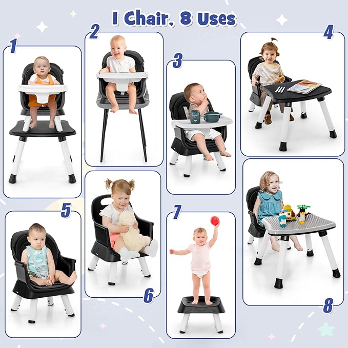 HONEY JOY 8 in 1 Baby High Chair, Convertible Highchair for Babies and Toddlers/Table and Chair Set/Building Block Table/Booster Seat/Stool/Toddler Chair with Safety Harness (Black)-BubblyBeeBaby