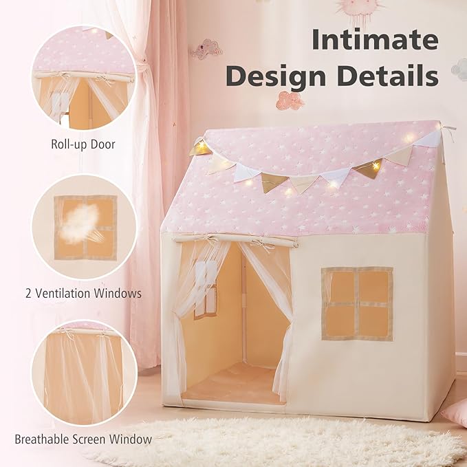 INFANS Kids Play Tent with Glow in The DarkWashable Mat Star Light Windows, Anti-Trip Large Playhouse Toys for Children Boys Girls, Indoor Outdoor Princess Tents Castle for Toddlers (Fluorescent Pink)-BubblyBeeBaby