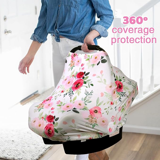 Rquite All-in-1 Car Seat Cover Baby, Carseat Covers for Girl Boy, Stretchy Soft Infant Car Seat Cover, Multi-use Baby Carrier Cover, Car Seat Canopy, Stroller Sun Shade, Nursing Breastfeeding Cover-BubblyBeeBaby