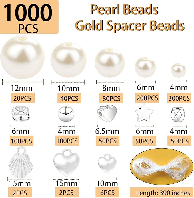 1000Pcs Pearl Beads for Bracelets Making, Pearl Beads for Jewelry Making for Adults, Silver Bracelet Beads DIY Kit, Silver Spacer Beads for Bracelets, Women Friendship Bracelet Making Kit (Silvery)-BubblyBeeBaby