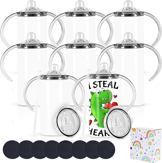 12 Oz Sippy Cup Tumblers 8 Pack With Handle, Straight Sublimation Blanks Kids Tumbler, Stainless Steel Sublimation Todder Water Bottle-BubblyBeeBaby