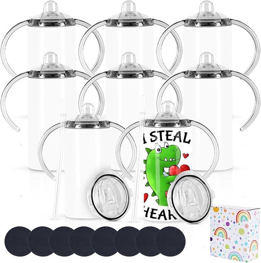12 Oz Sippy Cup Tumblers 8 Pack With Handle, Straight Sublimation Blanks Kids Tumbler, Stainless Steel Sublimation Todder Water Bottle-BubblyBeeBaby