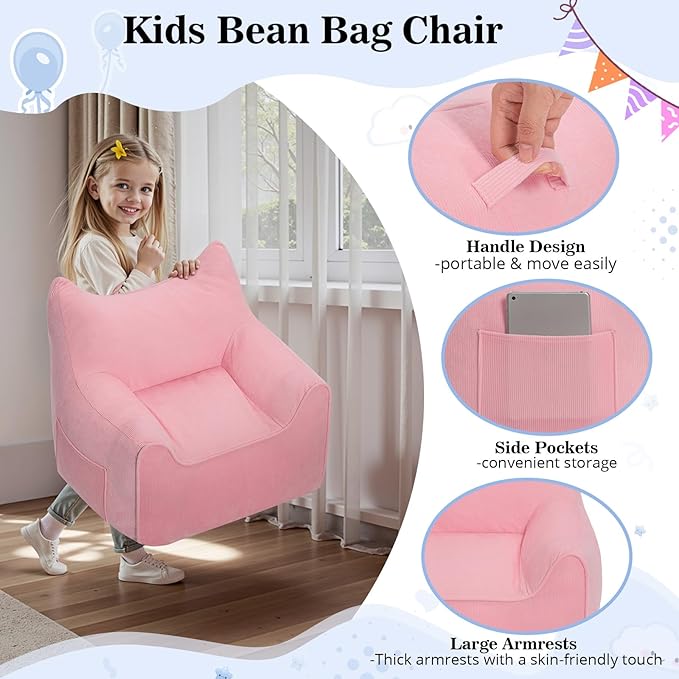 HOMMPA Kids Bean Bag Chair Stuffed Toddler Bean Bag Sofa with Pocket Filler Bean Bag Chair for Kids Boys and Girls Baby Lazy Floor Sofa Chair for Gaming Reading Playing Pink-BubblyBeeBaby