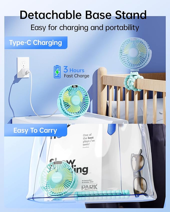 SWEETFULL Portable Stroller Fan with Display 4000mAh Battery Powered Mini Clip On Fan, 4-Speed Rechargeable Small Personal Cooling for Baby Car Seat Crib Travel - Cyan-BubblyBeeBaby