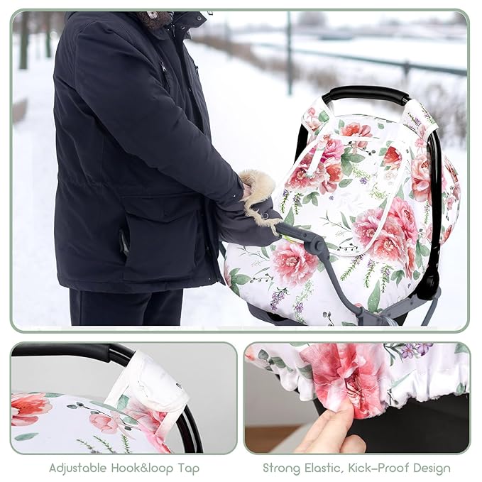 Baby Carseat Cover Girls, Pea Pod Floral Infant Car Seat Covers Canopy for Newborn with 2 Layers Windows of Breathable Mesh/Fabric, Lightweight Polyester/Minky Dot Backing, Snug Fit Most Baby Car Seat-BubblyBeeBaby