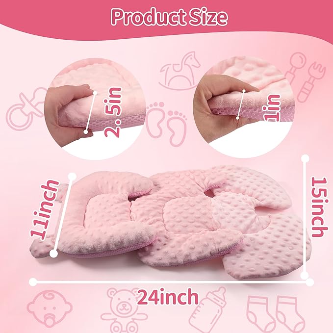 3in1 Reversible Carseat Head Body Support Newborn,3D Minnky Infant Car Seat Insert,Extra Soft Breathable Baby Car Seat Pillow Cushion Boys Girls,fit Stroller,Bouncer,Swing(Pink)-BubblyBeeBaby