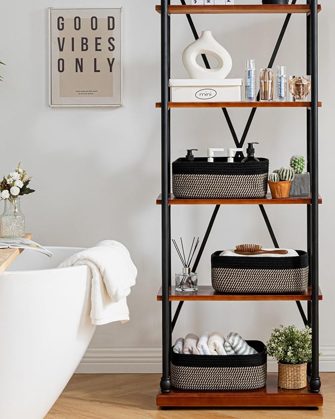 KALLAX Small Woven Basket, 13.5 x 9.5 x 5 Inches, Storage Basket for Organizing, Cute Small Rope Shelf Closet Cube Storage Bins Baskets for Shelves, Dog Toy Gift Baskets Empty, 3 Pack Black & Brown-BubblyBeeBaby