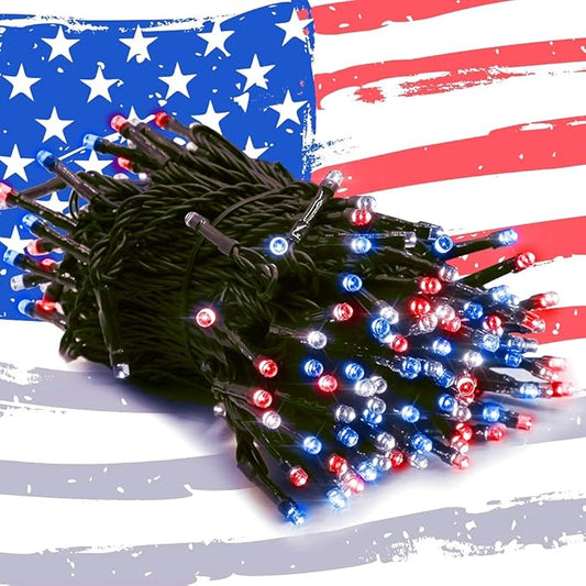 HOME LIGHTING 200 LED 66FT Fairy String Lights, July 4th Patriotic Light with 8 Lighting Modes, Mini Lights Plug in for Indoor Outdoor Independence Day Tree Holiday Party Decor, Red Blue & White-BubblyBeeBaby