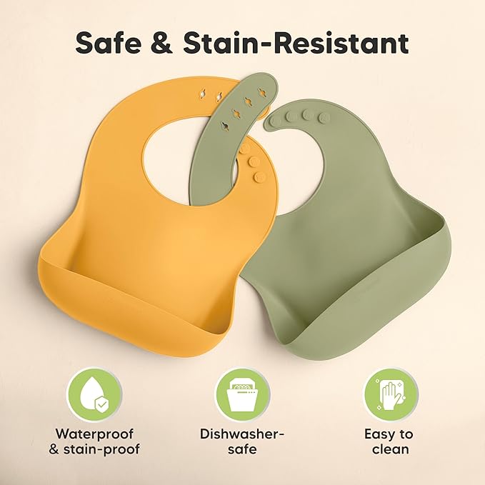 KeaBabies 2-Pack Silicone Baby Bibs for Eating - Sturdy Food-Grade Silicone Bibs for Babies Girl, Boy, Large Food Catcher, Clean & Put On Easily, Waterproof Toddler Feeding Essentials (Harvest)-BubblyBeeBaby