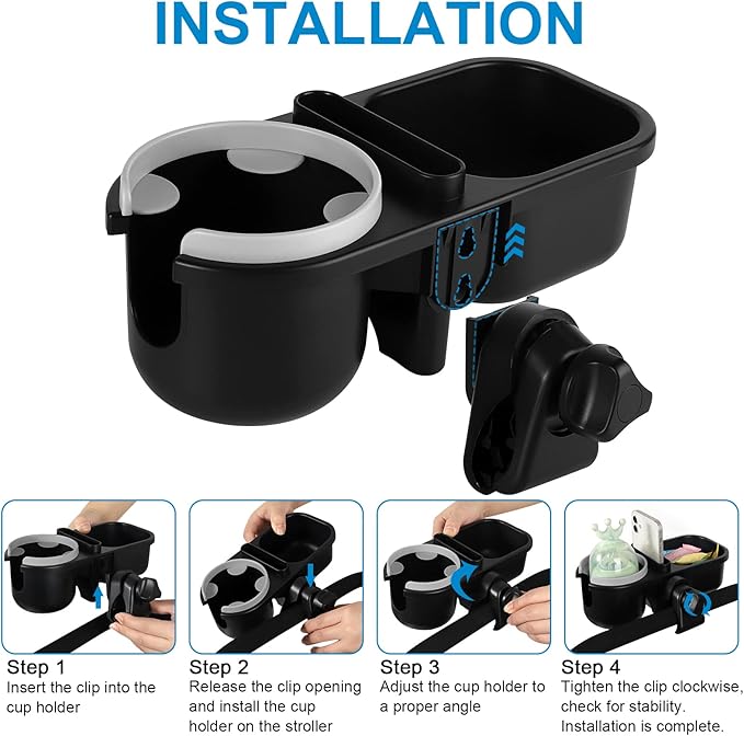 Accmor Stroller Cup Holder with Tray, Universal Cup Holder, Bike Bottle Holder, 360° Rotatable Large Caliber Drinks Holder for Stroller, Bike, Wheelchair, Walker-BubblyBeeBaby