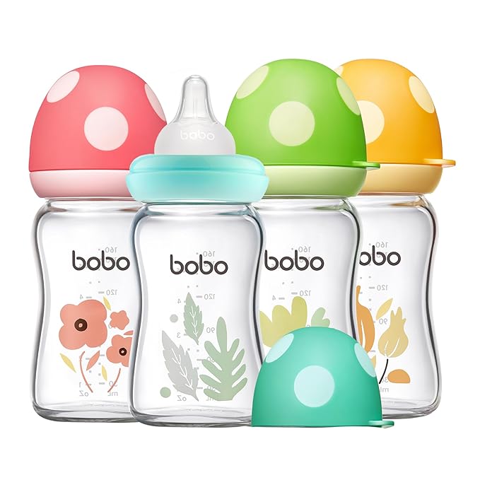 YOHKOH Natural Glass Baby Bottle with Natural Response Nipple, Newborn Anti-Colic Baby Bottles, Wide Neck Mushroom Cap Baby Bottle, Clear (Multicolour1, (5.4oz (Pack of 4))-BubblyBeeBaby