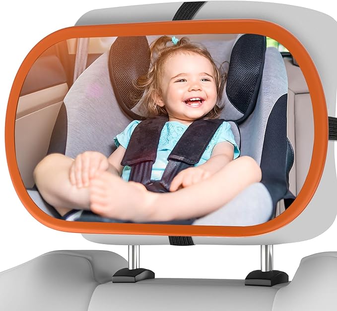 Baby Car Mirror, Safety Car Seat Mirror for Rear Facing Infant, Clear Wide View, 360°Rotation, Easily Observe the Baby Move, Secure, Shatterproof, Crash Tested and Certified(Orange)-BubblyBeeBaby