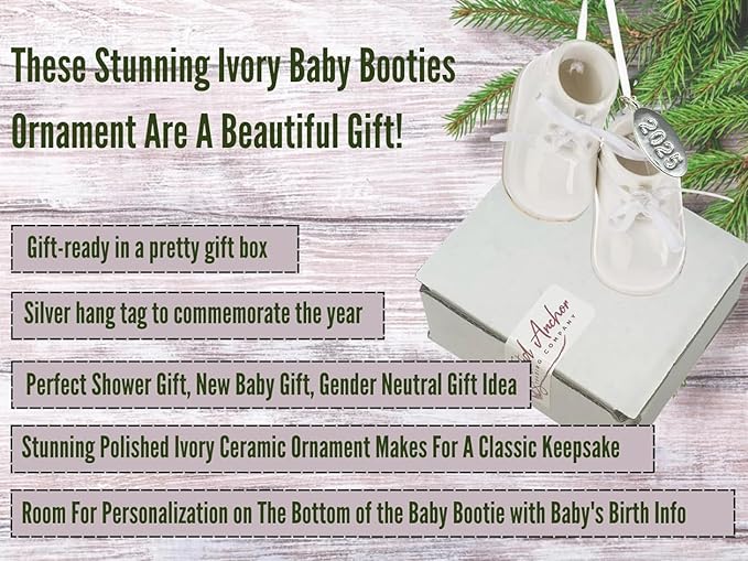 Ivory Baby Shoe Ornament Babys First Christmas Boy or Girl Ornament Cream Porcelain Baby Booties, Can Be Personalized, with Gift Box (2025)-BubblyBeeBaby