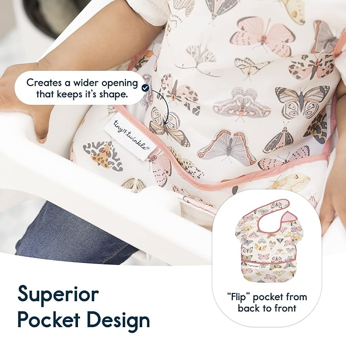 Tiny Twinkle Mess Proof Baby Bibs for Eating - Waterproof, Wipeable Bibs - Toddler Bibs - Travel Friendly - PFAS, PVC, BPA, Phthalate Free - Baby Food Bibs(3 Pack,Flutter)-BubblyBeeBaby