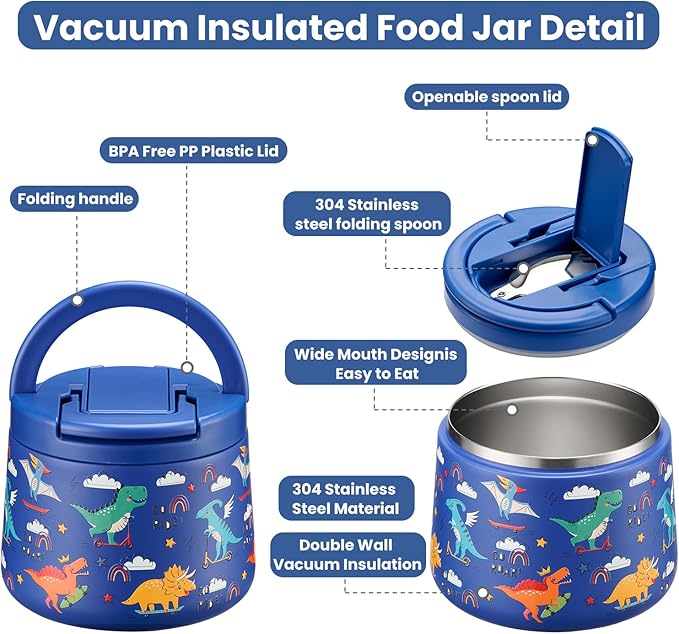 14oz Insulated Vacuum Food Jar with Buckle Lid,Soup Thermo for Hot Food Kids,Wide Mouth Leakproof Stainless Steel Lunch Container with Spoon-Dinosaur-BubblyBeeBaby