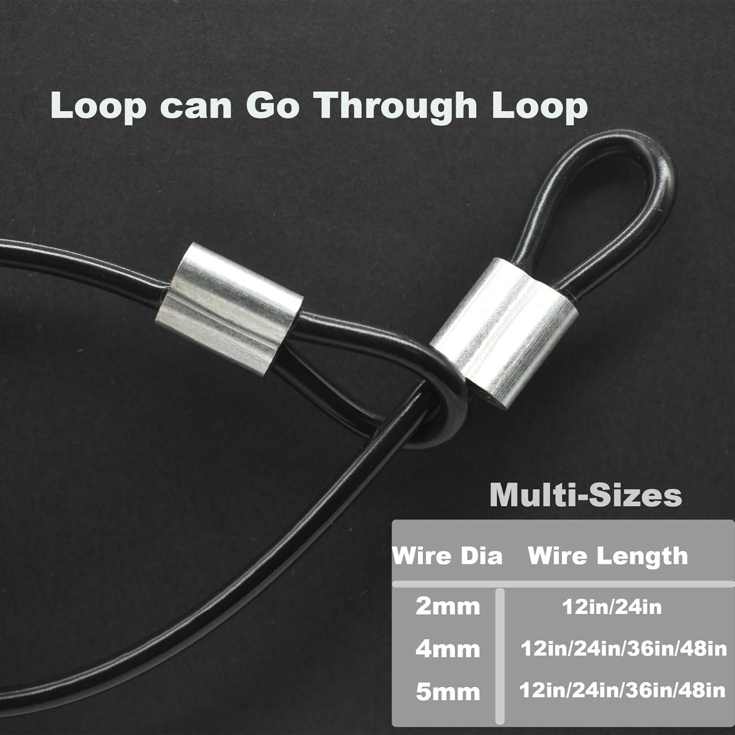 5 Pcs 5mm Wire 24 inch Vinyl Coated Stainless Steel Cable with Loops Short Wire Rope Lanyard Lock Security Chain Link for Outdoor Gates, Black(5mm x24inch)