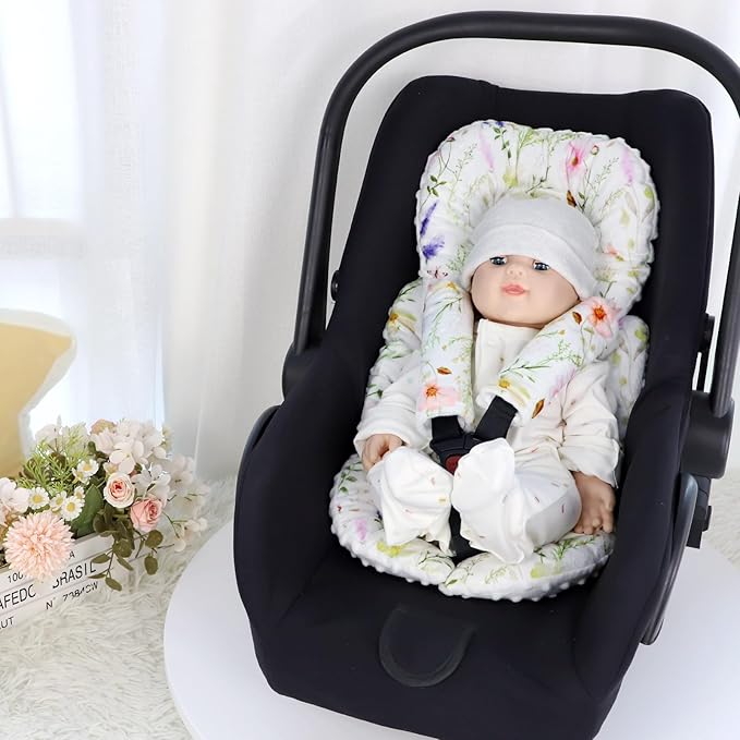 Infant Car Seat Insert, Car Seat Head Support Baby Girls Boys, Soft & Reversible Newborn Carseat Insert Cushion with 2 Strap Covers, for Stroller, Swing, Bouncer (White Wildflowers)-BubblyBeeBaby
