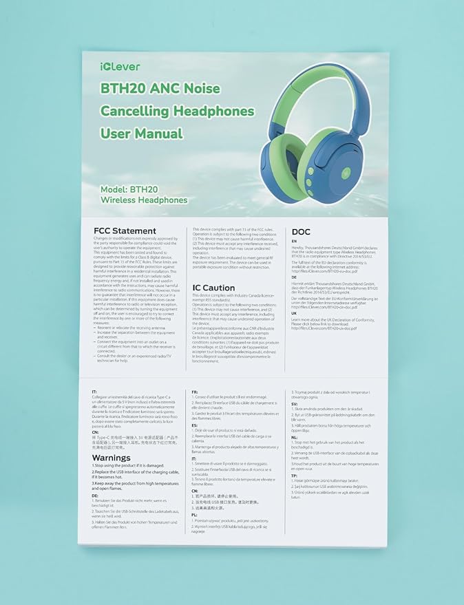 iClever BTH20 Active Noise Cancelling Headphones for Kids, 60H Play Time,Type C Fast Charging, Safe Volume 80dBA, Bluetooth5.4, Award-Winning Kids Headphones Wireless for iPad Tablet Airplane, Blue-BubblyBeeBaby