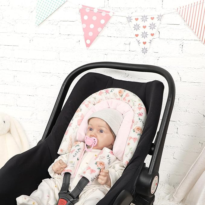 Baby Car Seat Head Support for Newborn, GFU 2 in 1 Infant Car Seat Head Body Support with Strap Pads, Soft Stroller Cushion Pillow Insert for Girls, Fits for Stroller, Swing, Pink Floral-BubblyBeeBaby