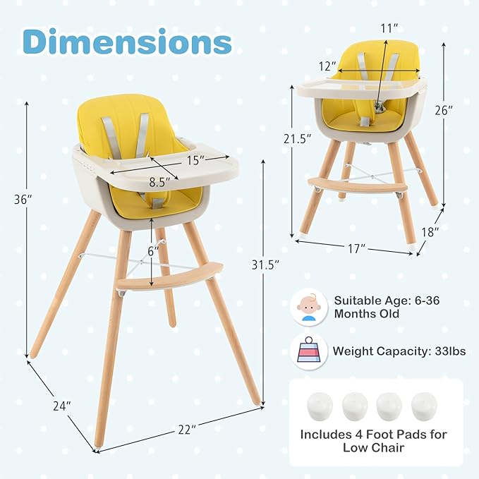 HONEY JOY High Chair, 3-in-1 Eat & Grow Wooden Highchair/Booster Seat/Toddler Chair with Removable Tray, 5-Point Harness, PU Cushion and Footrest for Baby, High Chair for Babies and Toddlers Yellow-BubblyBeeBaby