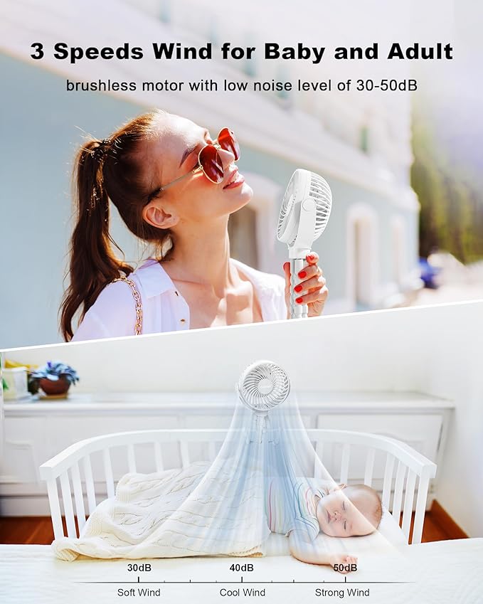 Stroller Fan Clip on for Baby, 4000mAh Rechargeable Battery Operated, Flexible Tripod, 3 Wind Speed, 360° Rotatable, Small Portable Fan for Car Seat Crib Golf Cart Bike Beach Travel, White-BubblyBeeBaby