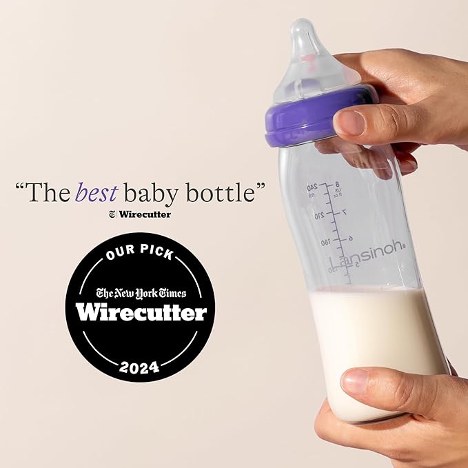 Lansinoh Anti-Colic Glass Baby Bottles, 8 Ounces, 4 Count Bottles for Feeding, Baby Essentials, Includes 4 Medium Flow Nipples, Size M-BubblyBeeBaby