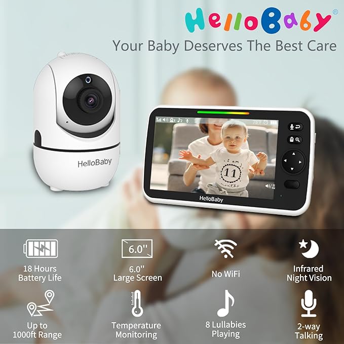 HelloBaby 6'' World First IPS 30H Battery Split-Screen Video Baby Monitor with Camera and Audio, No WiFi, Pan-Tilt-Zoom, VOX, 2-Way Talk, Night Vision, 8 Lullabies, 1000ft, for New Parents/Elderly-BubblyBeeBaby