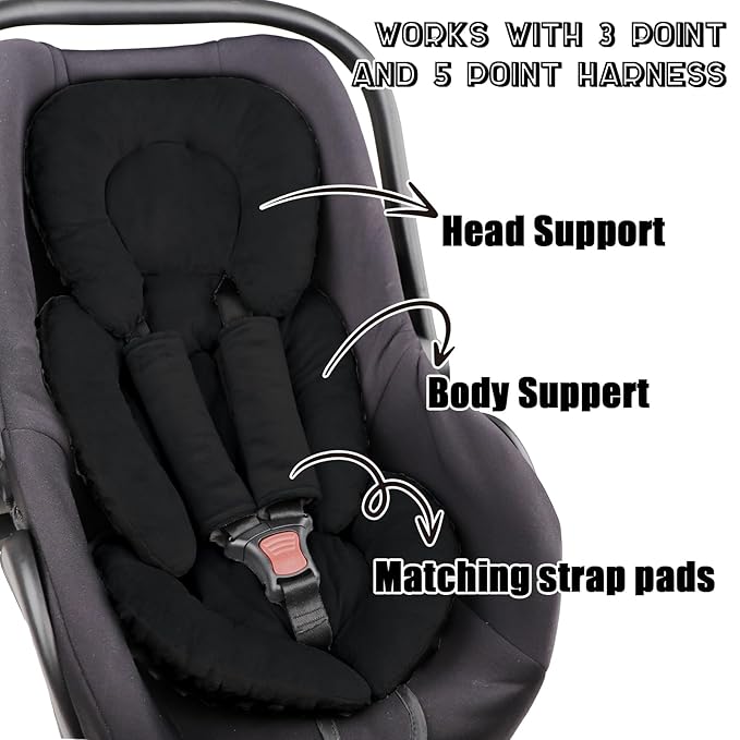 Infant Car Seat Insert Head and Body Support, GFU Reversible Newborn Insert for Carseat with Strap Pads, Soft Stroller Cushion Pillow Insert for Boys and Girls, Fits for Stroller, Swing, Black-BubblyBeeBaby