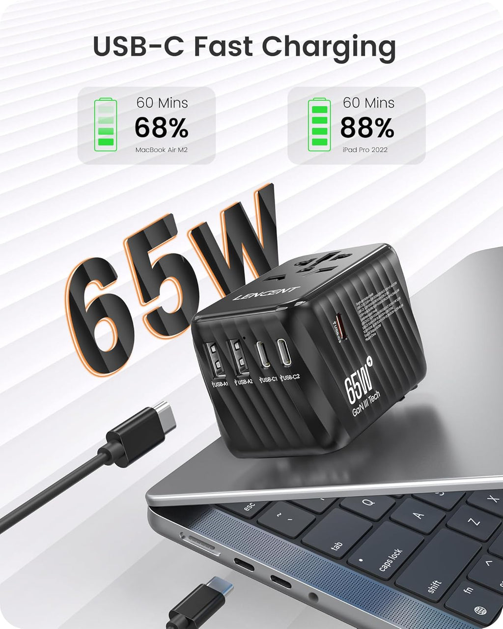 LENCENT International Travel Adapter, 65W GaN3 Universal Fast Charger with 2 USB A + 3 Type C PD, Worldwide Power Adaptor for Phones,Laptops, All in One Travel Essentials for EU/USA/UK/AU, Black