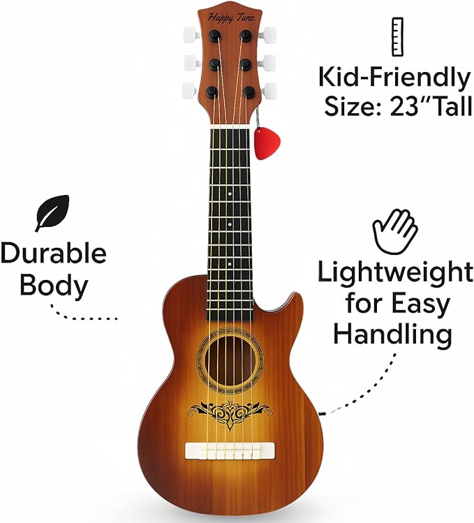 23" Acoustic Guitar, Kids 6 String Toy Guitar - Realistic Steel Strings - Beginner Practice First Musical Instrument for Children, Toddlers (Brown)-BubblyBeeBaby