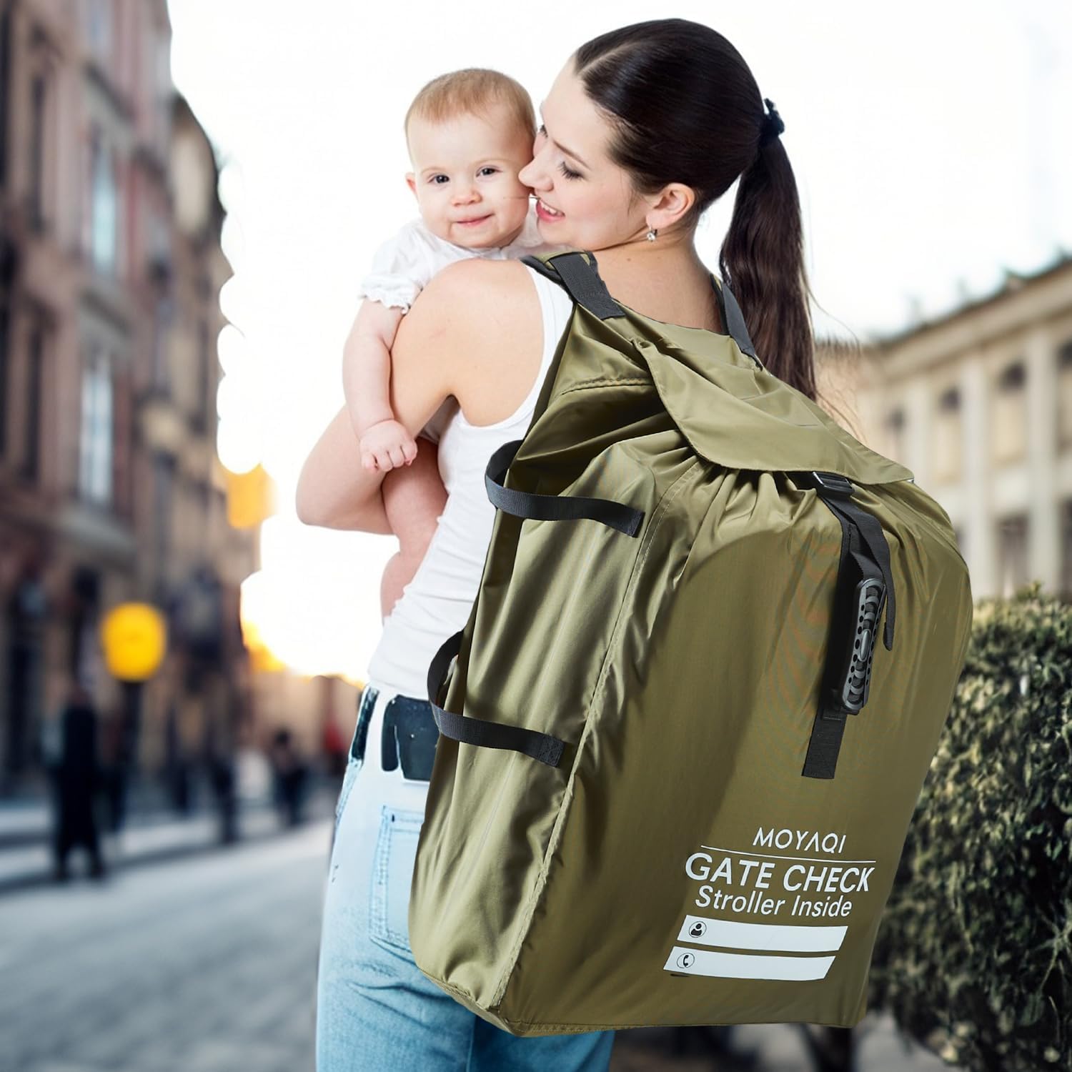 MOYAQI Stroller Travel Bag for Airplane, Gate Check Bag Backpack with Durable Nylon,Adjustable Carry Straps,Infant Carriers & Booster Seats (Olive Green)