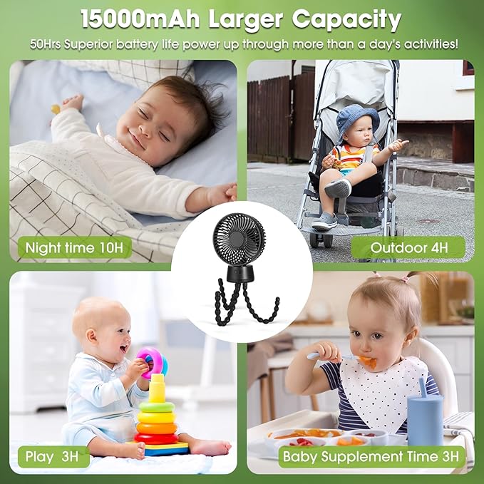 50H Portable Stroller Fan, 15000mAh Ultra-Long Battery Powered Rechargeable Personal Fans, Tripod Clip Fan with Auto Rotation，3 Speed Desk Handheld Cooling for Travel Car Seat Bedroom-BubblyBeeBaby