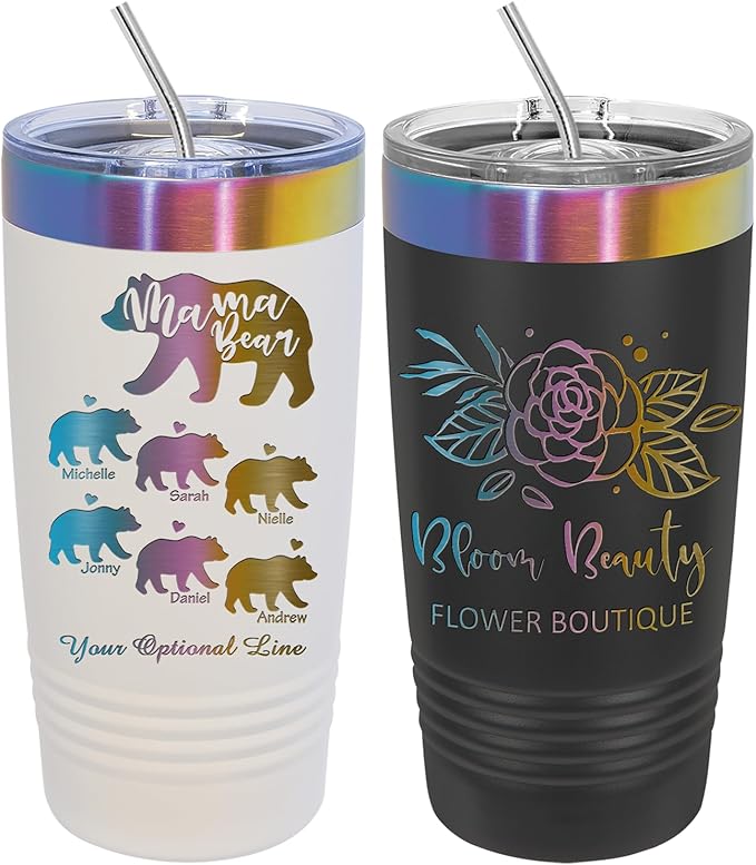 iProductsUS Personalized Tumblers with Lid and Straw, 20oz ION-Plated Stainless Steel Engraved Custom Cup with Name Text, Customized Mothers Day Gifts for Mom, Her, Christmas Birthday (Prism Colors)-BubblyBeeBaby