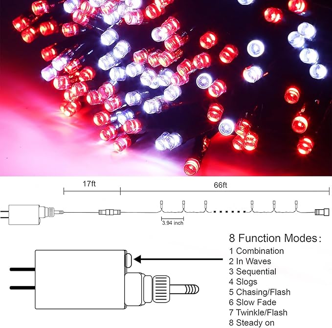 HOME LIGHTING 66ft Christmas Decorative Mini Lights, 200 LED Green Wire Fairy Starry String Lights Plug in, 8 Lighting Mode, for Indoor Outdoor Xmas Tree Wedding Party Garden Decoration (Red & White)-BubblyBeeBaby