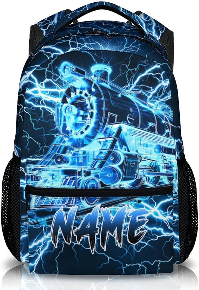 Kids Backpack for Boys, Personalized Train Schoolbag Casual Bag for Primary Senior Middle, 17 Inch Lightweight Durable Custom Lightning Backpacks, Cool Back to School Gift-BubblyBeeBaby