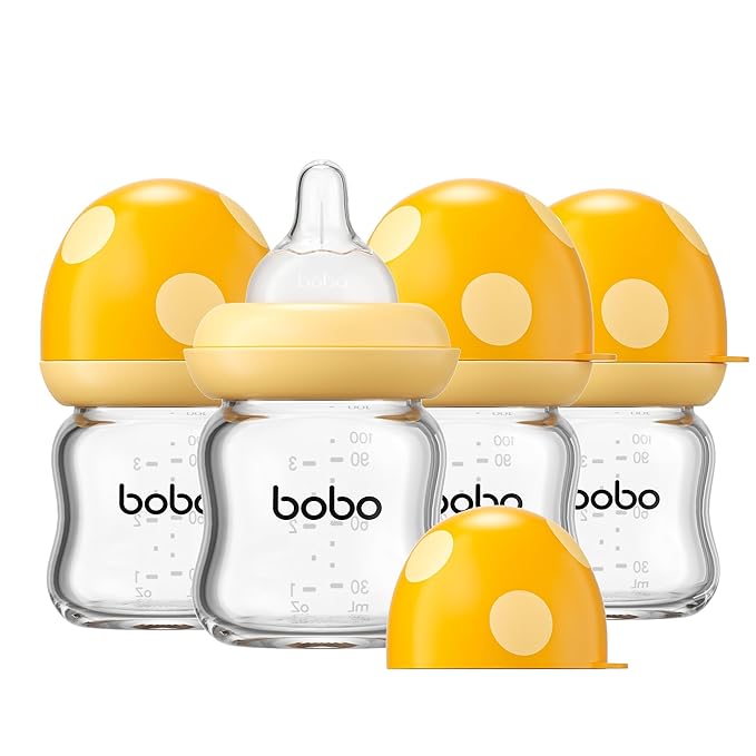 YOHKOH Natural Glass Baby Bottle with Natural Response Nipple, Newborn Anti-Colic Baby Bottles, Wide Neck Mushroom Cap Baby Bottle, Clear (Yellow-A, 3.4oz (Pack of 4))-BubblyBeeBaby