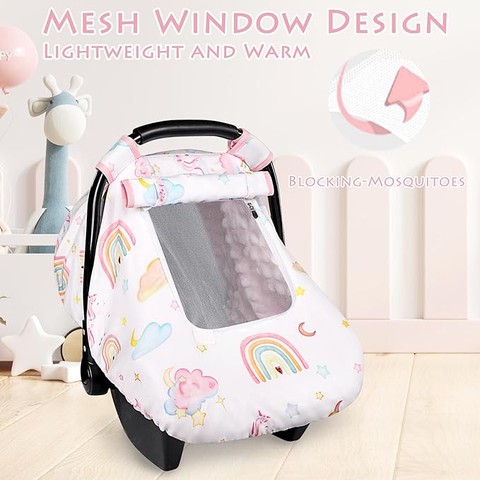 Baby Carseat Cover Girls, Pea Pod Unicorn Infant Car Seat Covers Canopy for Newborn with 2 Layers Windows of Breathable Mesh/Fabric, Lightweight Polyester/Minky Dot Backing, Snug Fit-BubblyBeeBaby