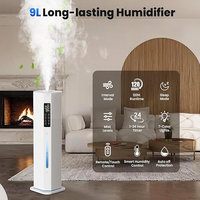 Humidifiers for Bedroom - GloryAir 2.38Gal/9L Top Fill Cool Mist Humidifier for Large Room 500ft² 120H Last with Auto Mode 7-Color Light Humidistat Aroma Box Quiet Humidifiers for Plants Baby & Adults-BubblyBeeBaby