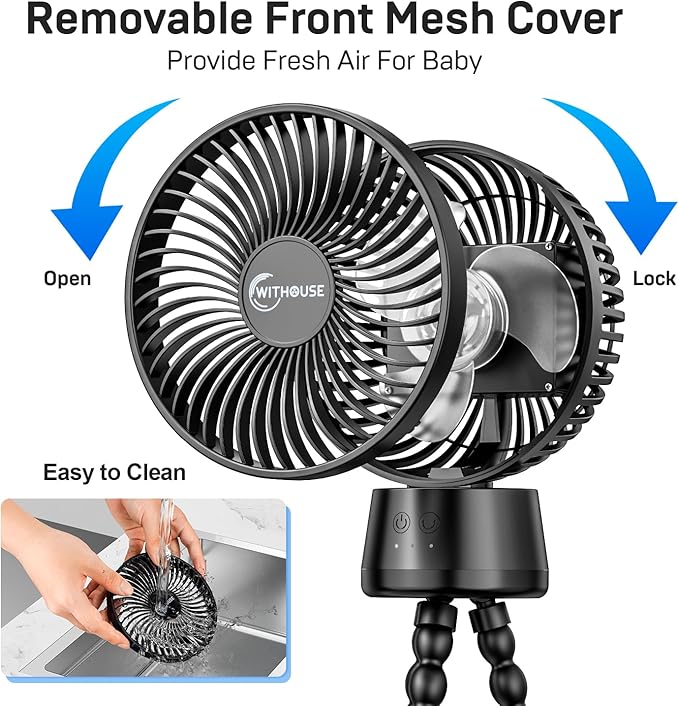 20000mAh Portable Stroller Fan, 120° Auto Oscillation, 3-IN-1 with Power Bank LED Light Detachable Flexible Tripod Rechargeable Battery Powered Clip On Fans Desk for Baby Crib Car Seat Travel-BubblyBeeBaby