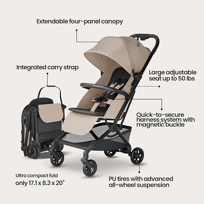 Mompush Velo Lightweight Travel Stroller – One-Hand Fold, Ultra-Compact & Airplane Friendly, Lie-Flat Recline Seat (from Birth to 50 lbs), Includes Cup Holder, Shoulder Strap, and Leather Bumper Bar-BubblyBeeBaby