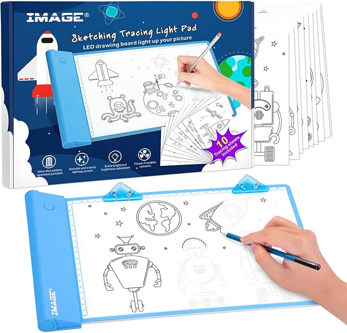 IMAGE Light Up Tracing Pad Blue Drawing Tablet Coloring Board for Kids Children Gift for Boys Girls (Includes 10 Traceable Sheets and Two Clips)-BubblyBeeBaby