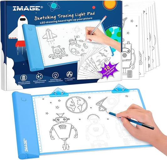 IMAGE Light Up Tracing Pad Blue Drawing Tablet Coloring Board for Kids Children Gift for Boys Girls (Includes 10 Traceable Sheets and Two Clips)-BubblyBeeBaby