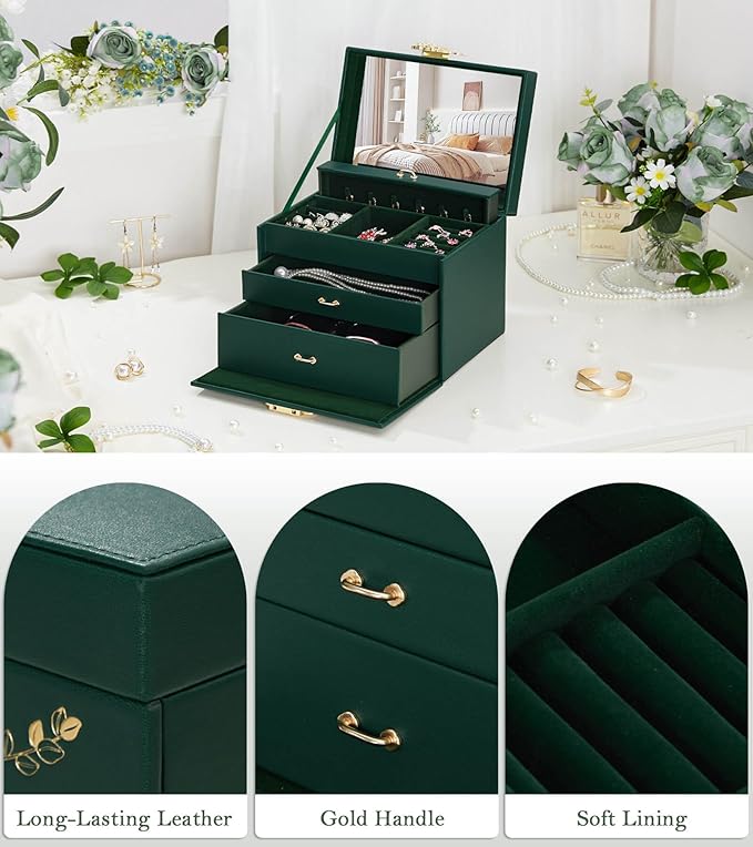 Jewelry Box with Lock for Girls: Jewelry Organizer for Dresser - 3-Drawer Earrings Storage Girls Women Gift (Dark Green)-BubblyBeeBaby