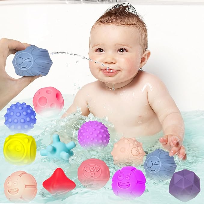 24 Pcs Sensory Balls for Toddlers, Sensory Baby Toys, Montessori Toy for Babies Squeeze, Infant Toys Soft Multi Ball Set Gifts with Bright Color Textured-BubblyBeeBaby