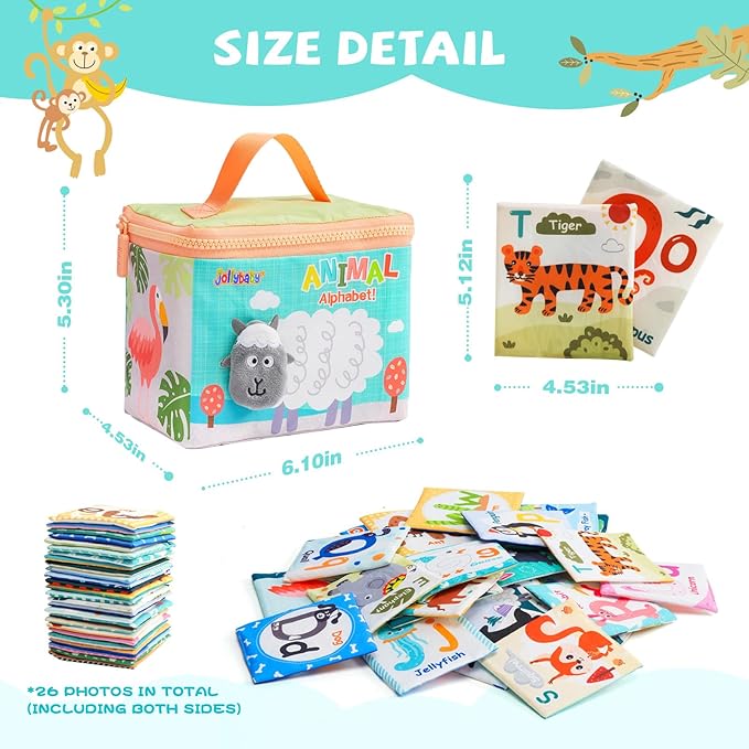 Jollybaby Reusable Soft Cloth ABC Alphabet/Letters Animal Flash Cards for Baby 0-3-6-9-12-18 Month, Curious Baby First Words Learning Activity Flashcards, Tummy Time Toy Gift for 1 Year Old Boy Girl-BubblyBeeBaby